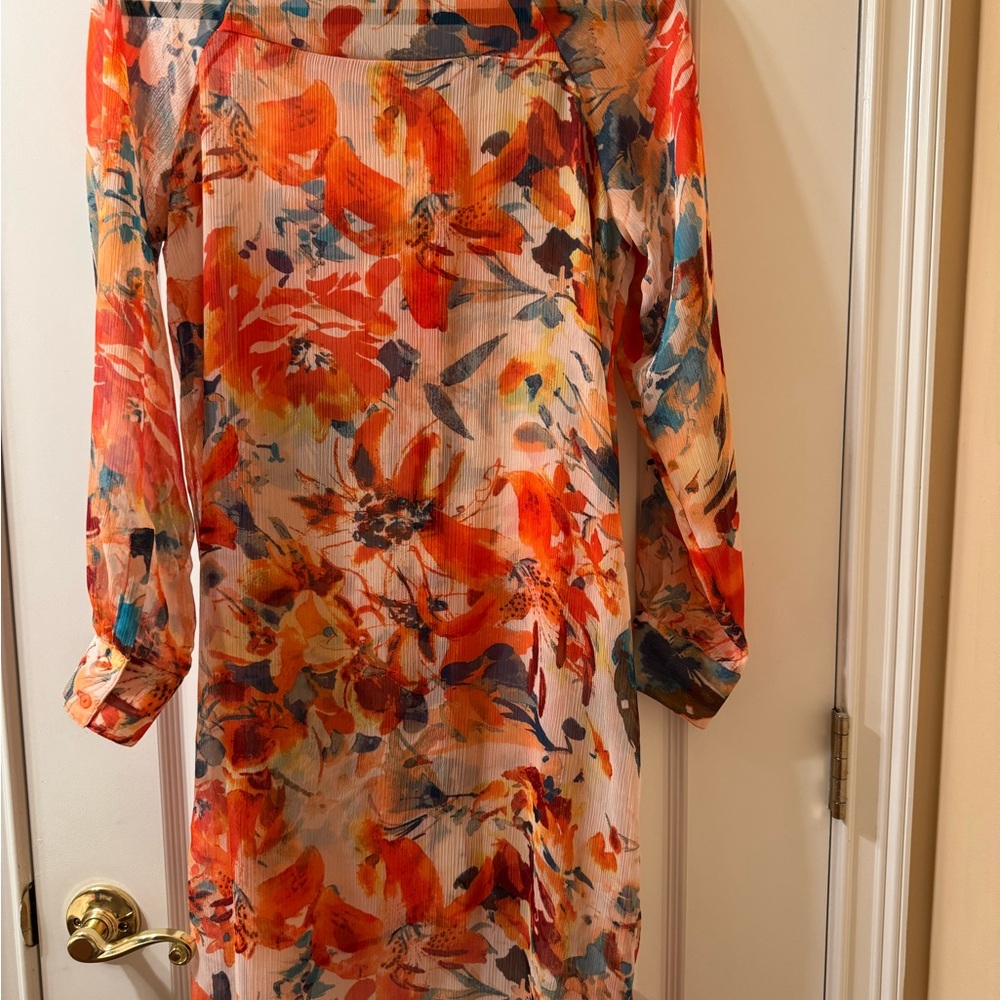 New Directions Orange Green Long Sleeve Shirt Dress NWOT - Picture 3 of 11